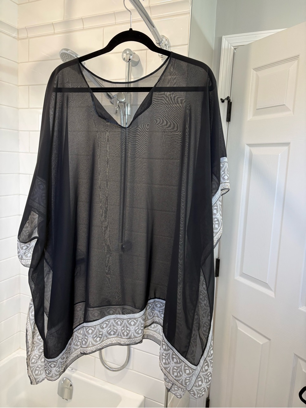 Black Sheer Swim Cover-Up with White Embroidered Hem